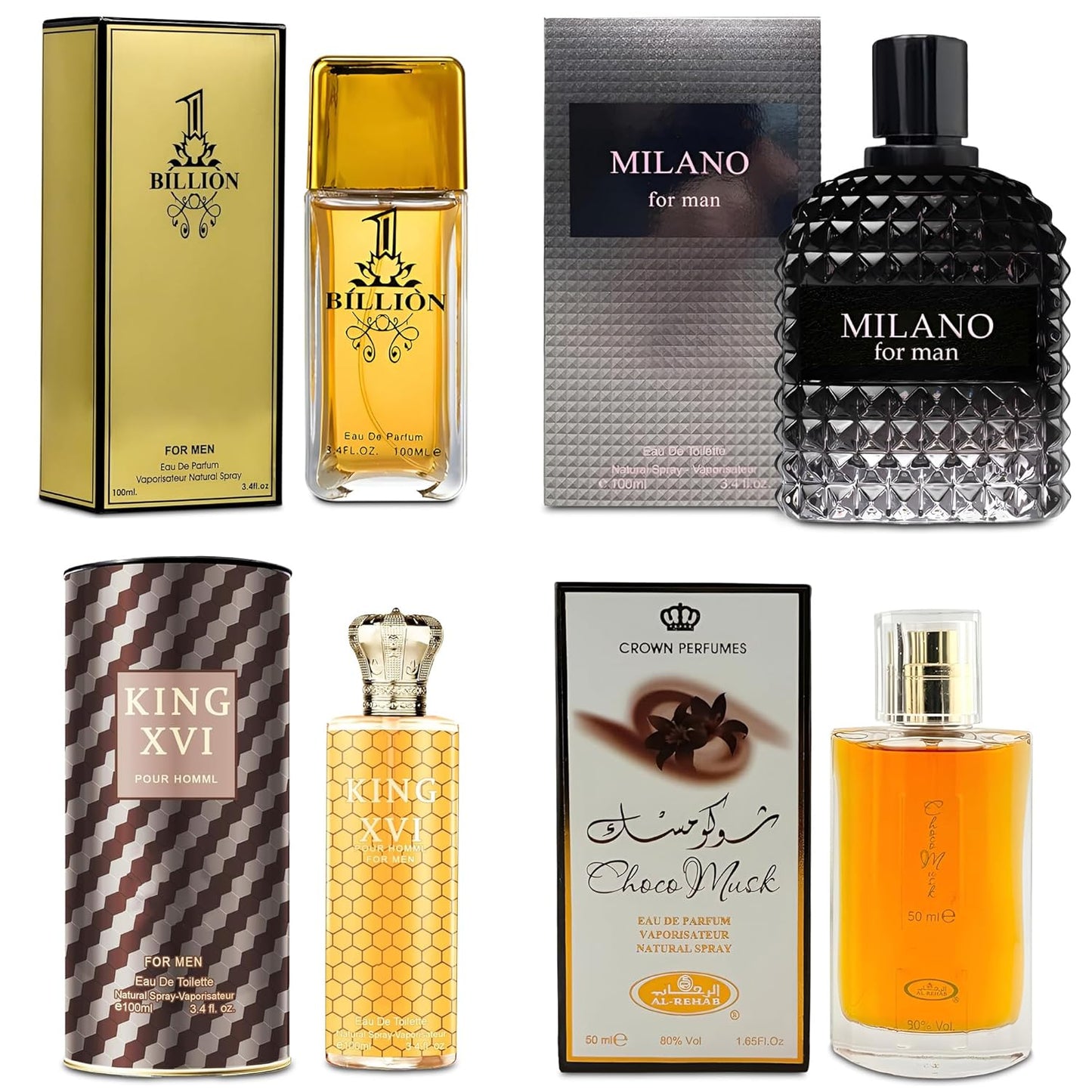 Men Cologne 4-Piece Combo Set (Choco/Milano/Billion/King XVI) Each 100ml Eau de Toilette/Parfume Spray Premium Men Perfume Set Long Lasting Fragrance for Daily Use