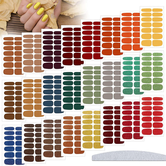 Maitys 336 Pieces 24 Sheets Fall Nail Wraps Gel Nail Stickers Polish Strips Self Adhesive Seasonal Solid Color Decal Manicure Kits with File for Women Girls Holiday(Simple Style,Simple Color)