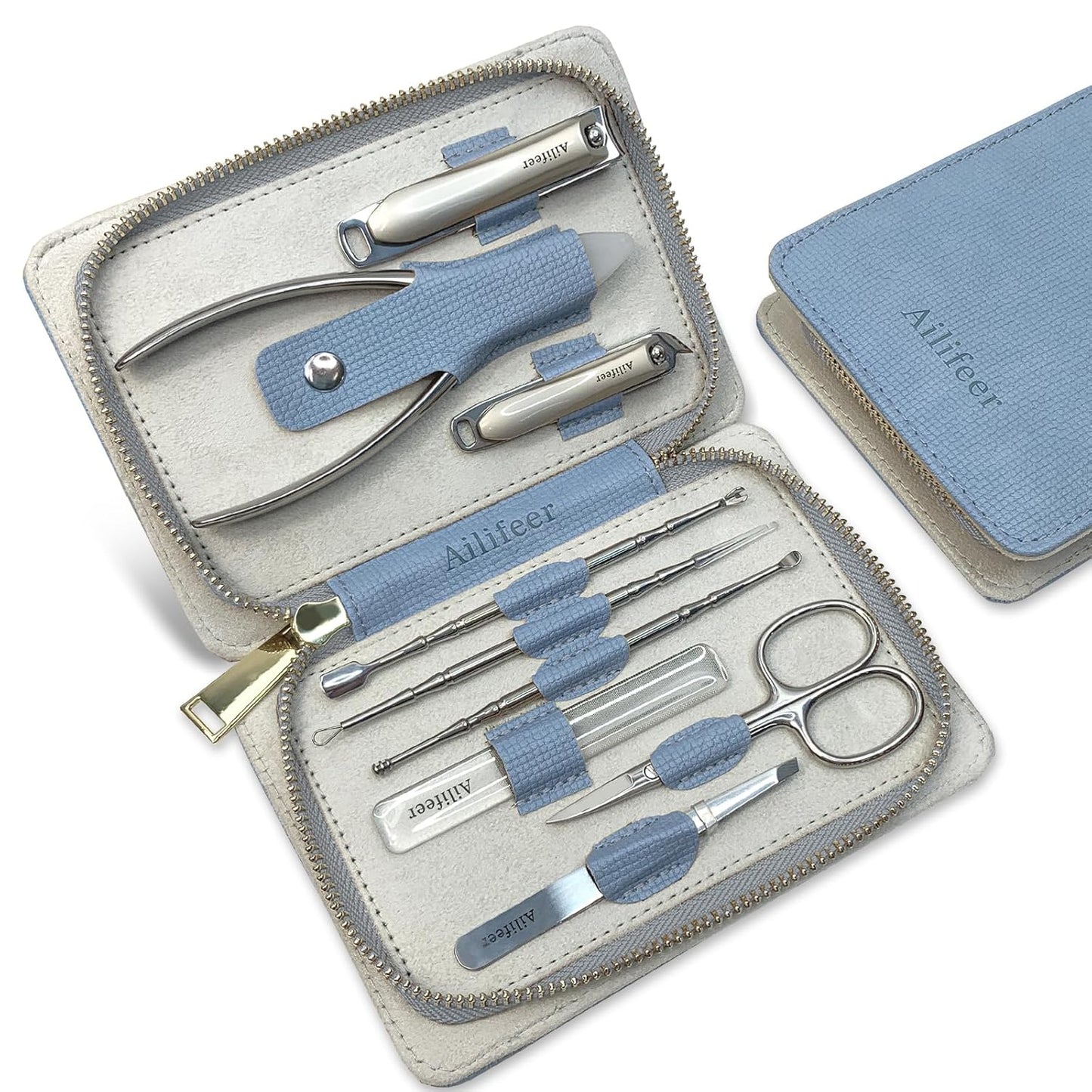 Manicure Set,Stainless Steel Professional large nail clippers and Nail Cutters Kit, Includes Nail File, Cuticle Trimmer, with Portable Travel Case kit,Gifts For Women Men (Blue-9)