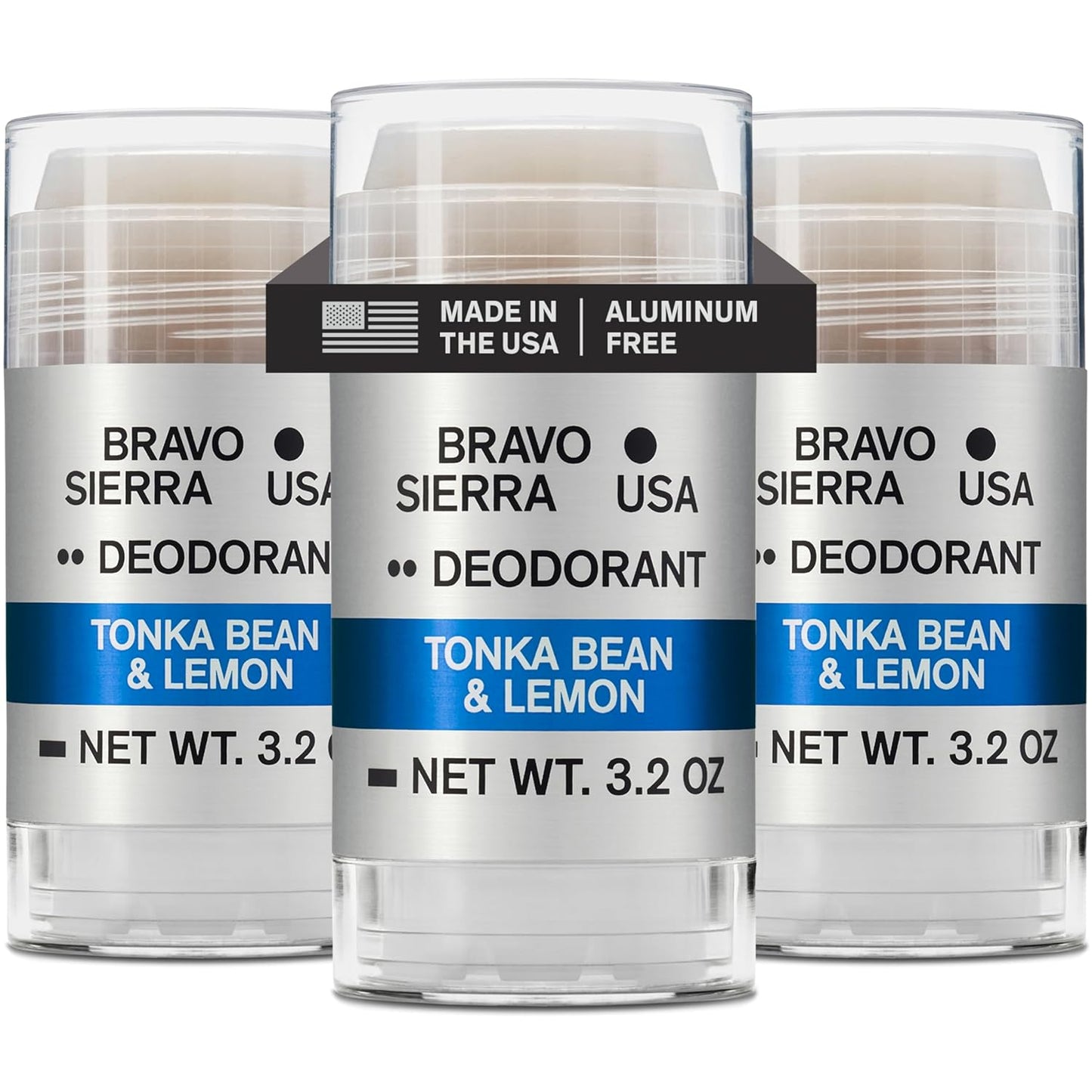 Aluminum-Free Deodorant for Men by Bravo Sierra, 3-Pack -Contains Natural Ingredients –Long Lasting All-Day Odor and Sweat Protection -Tonka Bean and Lemon, 3.2 oz - Paraben-Free, Vegan & Cruelty-Free