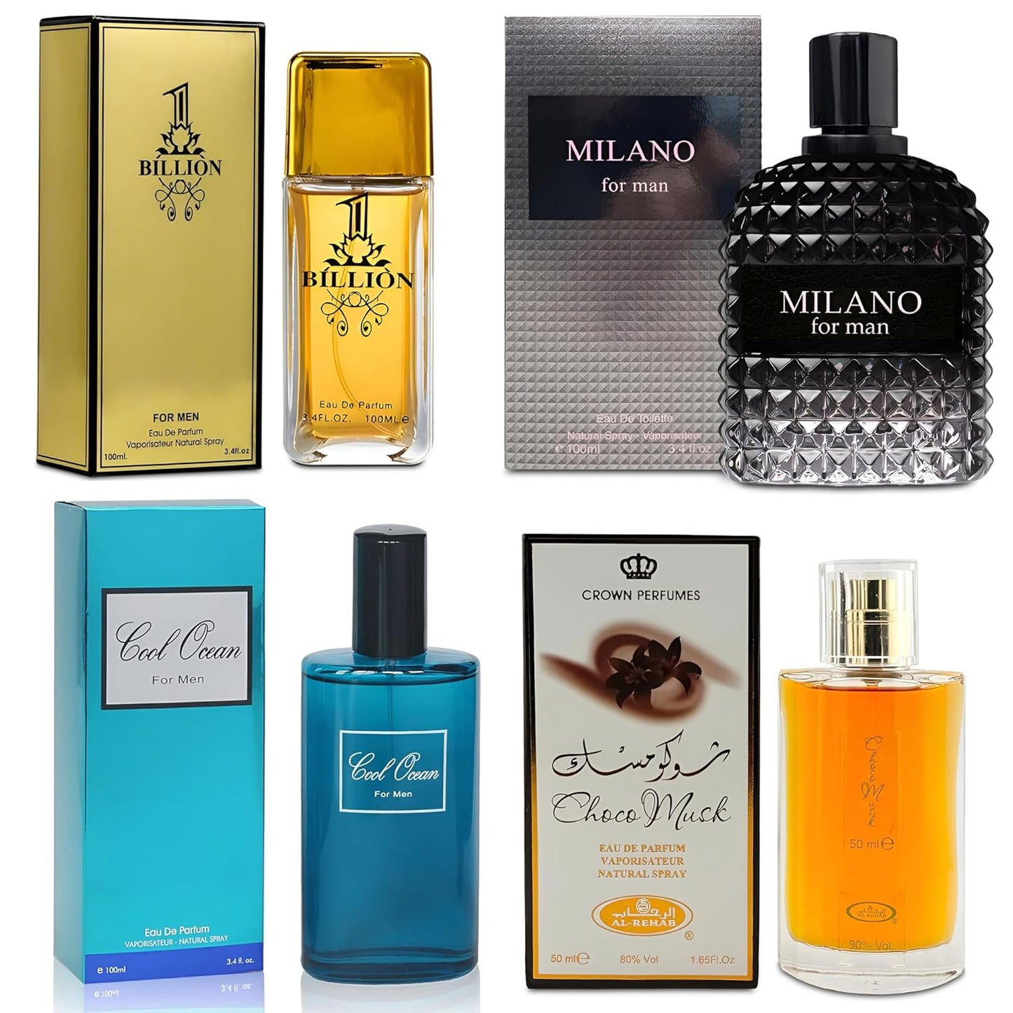 Men Cologne 4-Piece Combo Set (Choco/Milano/Billion/Cool Ocean) Each 100ml Eau de Toilette/Parfume Spray Premium Men Perfume Set Long Lasting Fragrance for Daily Use