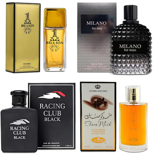 Men Cologne 4-Piece Combo Set (Choco/Milano/Billion/Racing Club Black) Each 100ml Eau de Toilette/Parfume Spray Premium Men Perfume Set Long Lasting Fragrance for Daily Use