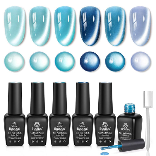 beetles Gel Polish Moonlit Mist Cat Eye Gel Nail Polish Set - 6 Colors Blue Glitter Fall Gel Nail Kit, Jelly Sheer Magnetic Shine Soak Off UV Gel for Salon DIY Manicure Gift for Women