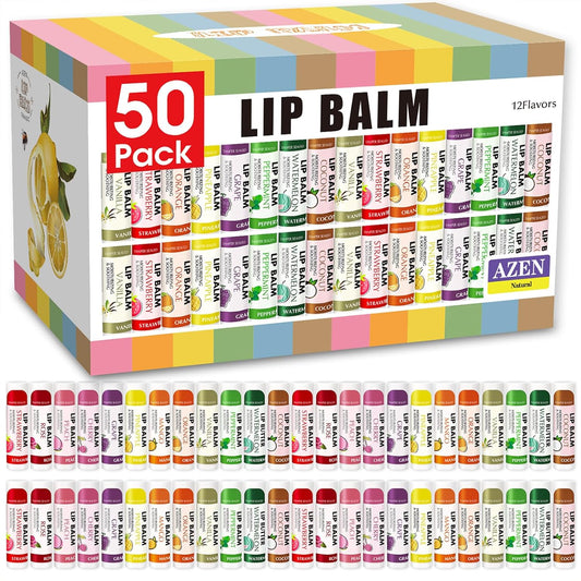 AZEN 50 Pack Lip Balm, Natural Lip Balm Bulk, Lip Care Product, Moisturizing Lip Balms for dry cracked lips - 12 Flavors