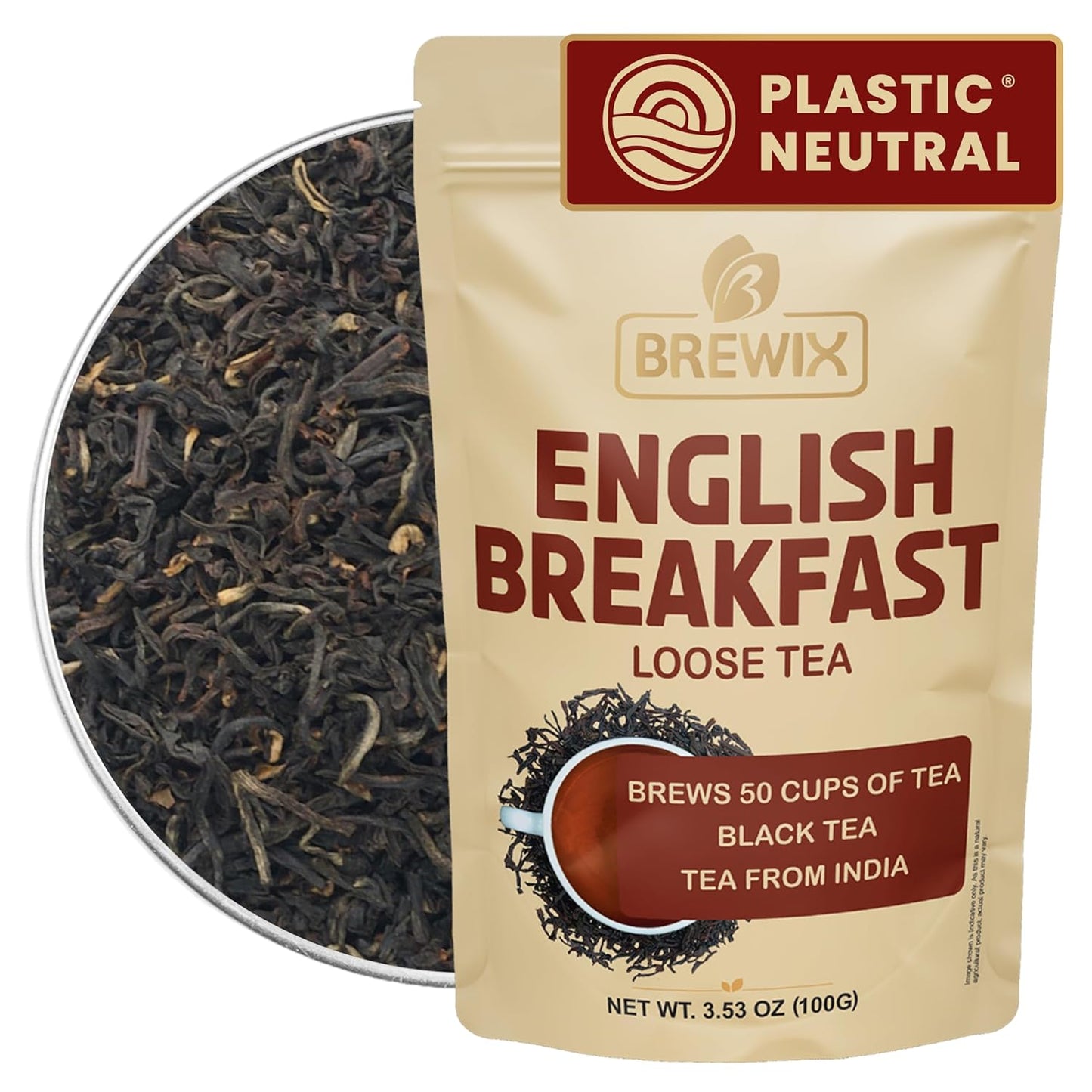 BREWIX, English Breakfast Black Tea Leaves (50+ Cups, 3.53oz/100g) Gluten Free | Strong, Robust & Aromatic | High Caffeine Loose Leaf