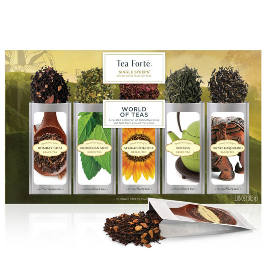 Tea Forte World of Teas Single Steeps Loose Leaf Premium Tea Gift Set Sampler, 15 Count 3 of Each Assorted Blends, Pre-Portioned Single Serve Pouches, Steeps 12 oz