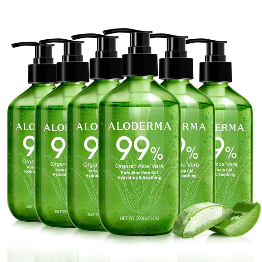Aloderma 99% Organic Pure Aloe Vera Gel Made within 12 Hours of Harvest, 17.6oz Value Pump, Lightweight Non-Sticky Aloe Vera Gel for Sunburn Relief, Natural, Soothing Aloe Vera for Face & Hair, 6-Pack
