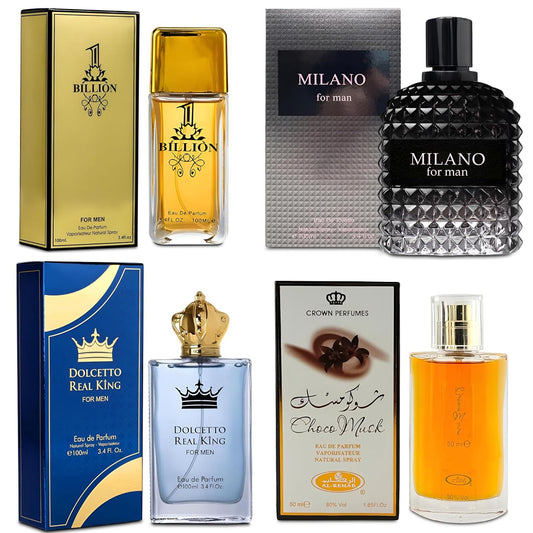 Men Cologne 4-Piece Combo Set (Choco/Milano/Billion/Docetto Real King) Each 100ml Eau de Toilette/Parfume Spray Premium Men Perfume Set Long Lasting Fragrance for Daily Use