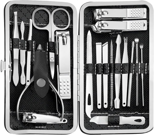 19 Pieces Fingernail and Toenail Professional Manicure Pedicure Nail Clippers Set Stainless Steel Nail Cutter Scissors Grooming Kit with Luxurious Travel Case (Black)
