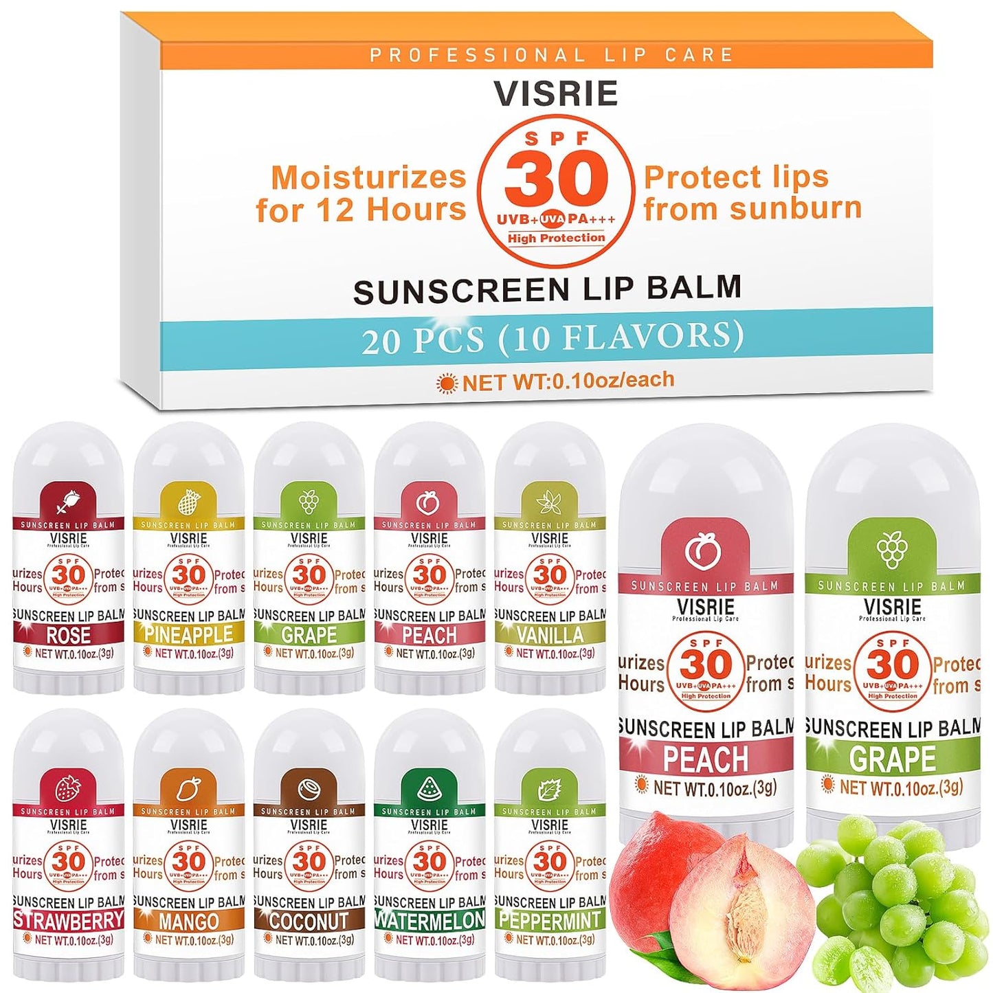 SPF 30 Sunscreen Lip Balm, SPF Lip Balm Bulk 20 Count, Broad Spectrum UVA/UVB Lip Sunscreen with Vitamin E and Coconut Oil- 10 Flavors