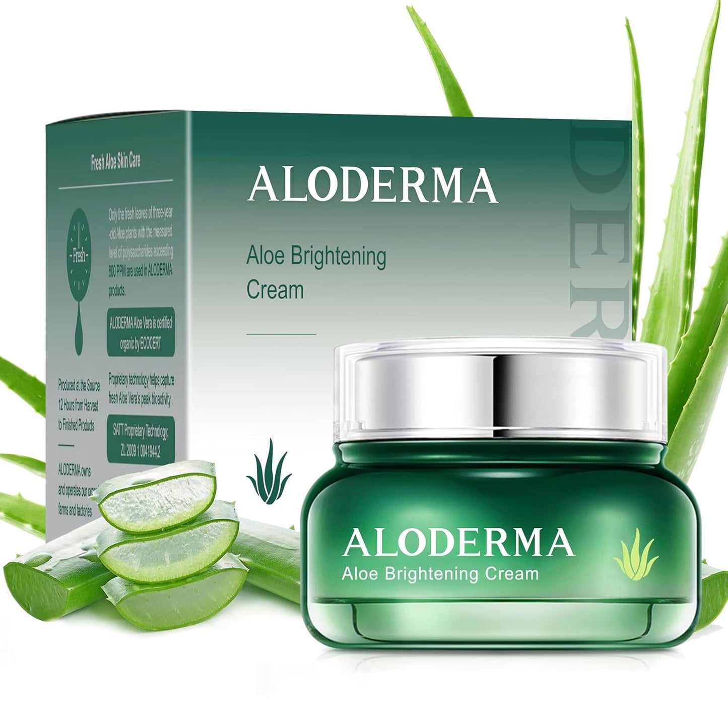 Aloderma Brightening Facial Cream - Made with 69% Organic Aloe Vera - Natural Skin Brightening Squalane & Niacinamide for Flawless Complexion, 1.7oz