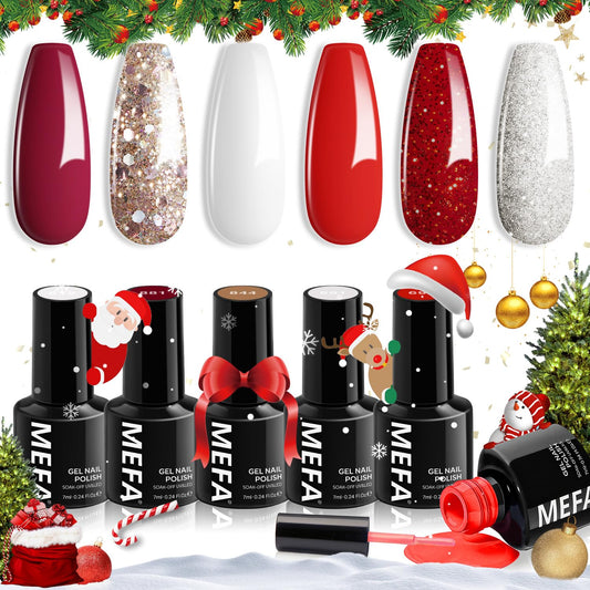 MEFA 6 Colors Red Gel Nail Polish Set, Fall Winter Christmas Glitter Shades Sparkle Silver Champagne Love Times Tones Salon Decorations Nail Art Design at Home Manicure DIY Kit Gifts for Women Girl