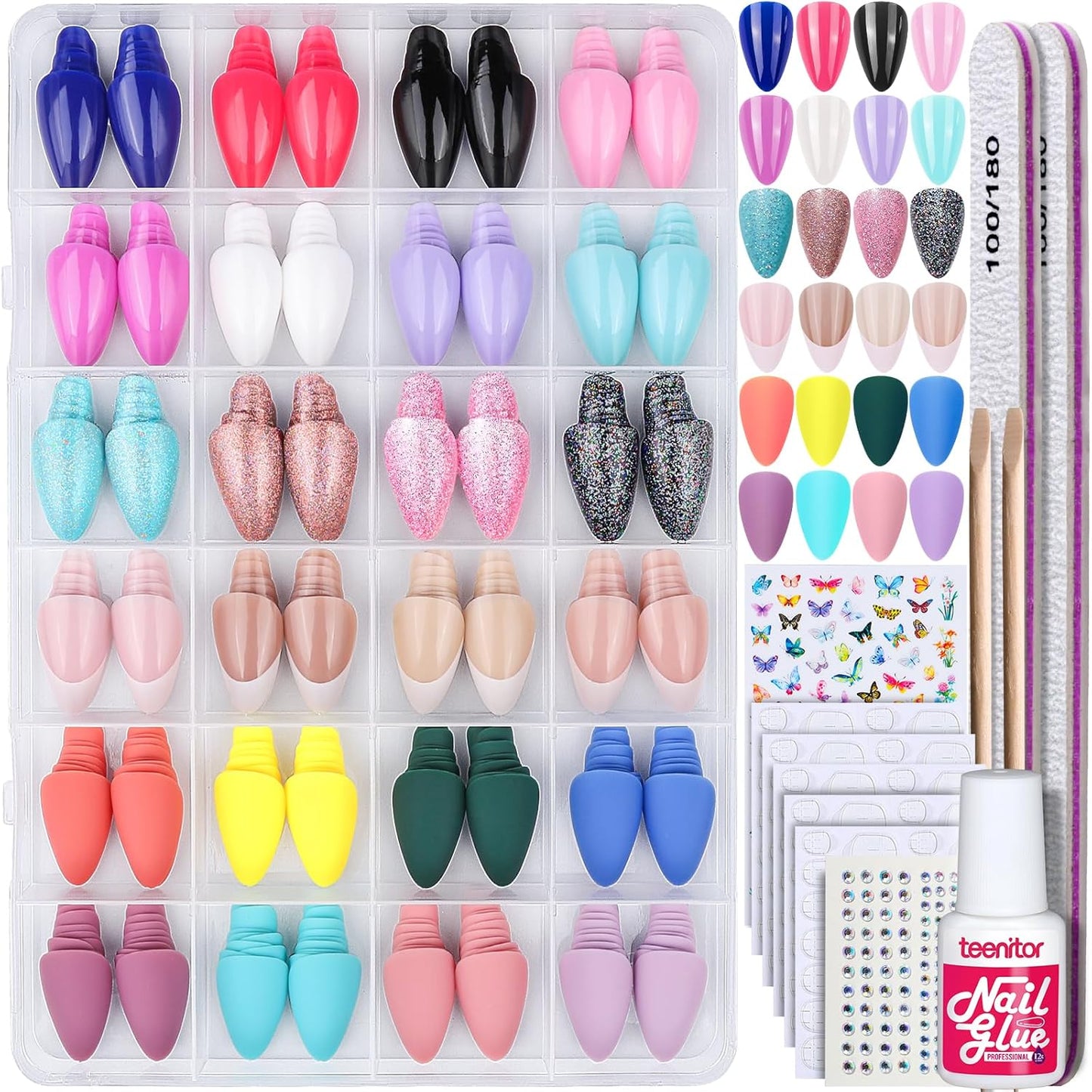 Teenitor Press on Nails Almond, 24Pack 576Pcs Short Almond Press on Nails, Matte Glossy French Tip Press on Nails, Glitter Fake Nails