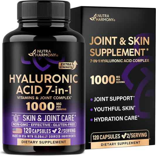 Hyaluronic Acid Supplements 1000 mg - Collagen | MSM | Boswellia | Vitamin D3, C & E - Hyaluronic Acid Capsules - Skin Hydratation & Joint Comfort Support - 7-in-1 Complex - Made in USA - 120 Capsules