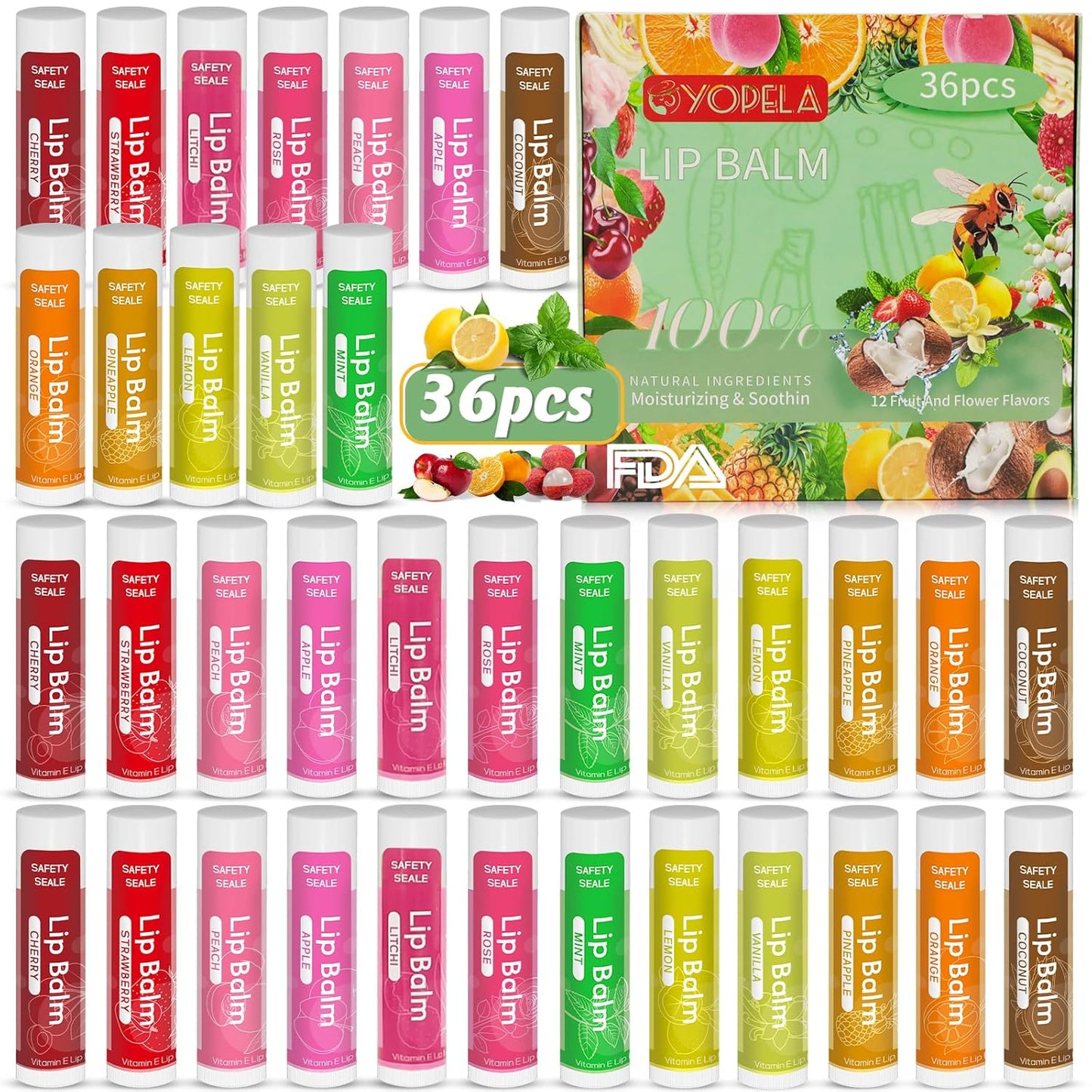 Yopela 36 Pack Natural Lip Balm Bulk with Vitamin E and Coconut Oil - Moisturizing, Soothing, and Repairing Dry and Chapped Lips Valentine's Gift- 12 Flavors - Non-GMO