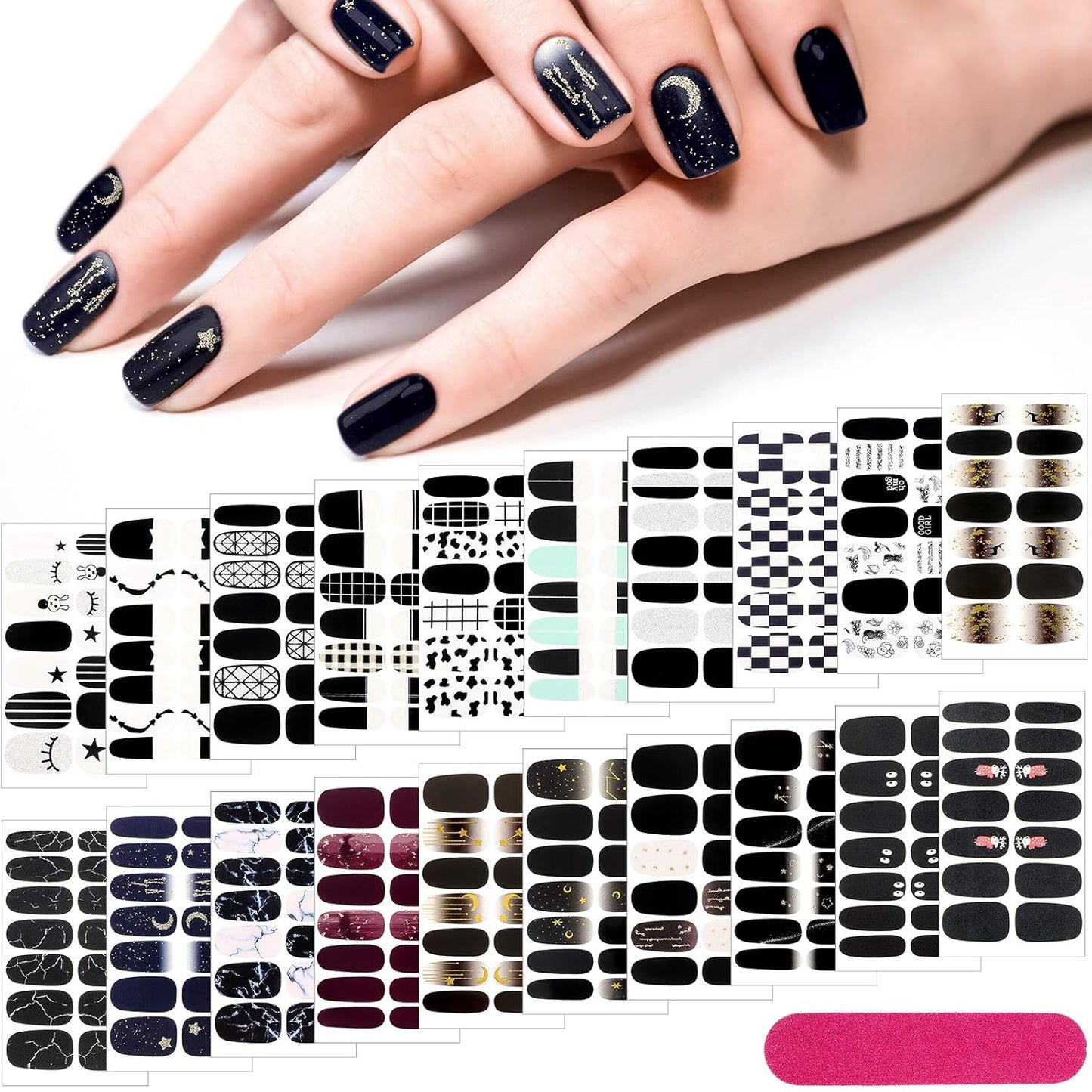 20 Sheets 280 Pieces Black Nail Wraps Self Adhesive Full Cover Nail Polish Stickers Halloween False Decals Manicure Stickers for Girls Women(Chic Style)