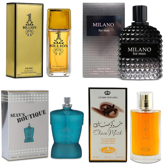 Men Cologne 4-Piece Combo Set (Choco/Milano/Billion/Sean) Each 100ml Eau de Toilette/Parfume Spray Premium Men Perfume Set Long Lasting Fragrance for Daily Use
