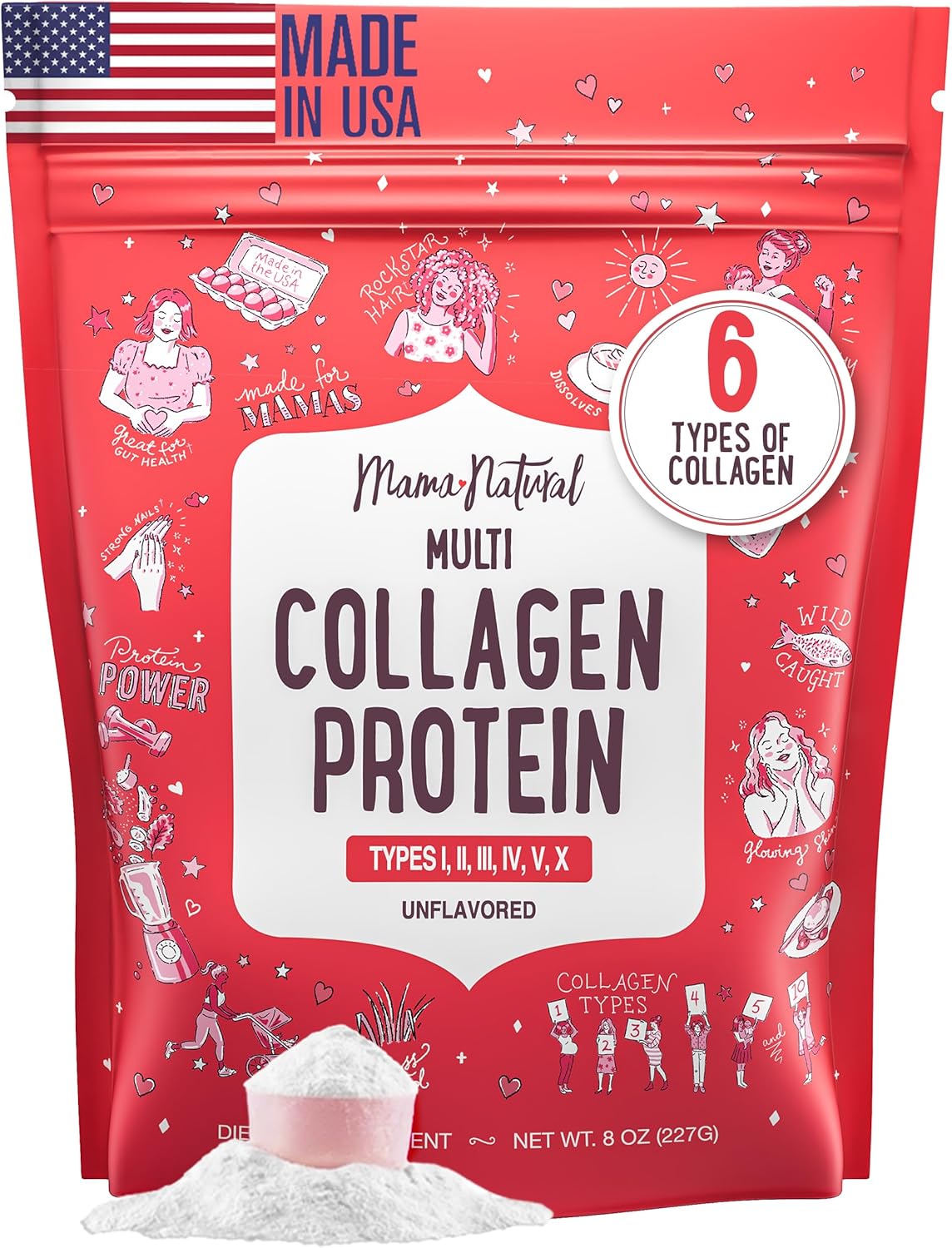 Multi Collagen Protein Powder Type 1, 2, 3, 4, 5, 10 - Unflavored & Hydrolyzed - Pure Collagen Peptides Powder - Grass Fed Beef, Wild Fish Marine & USA Eggshell - 20 Servings
