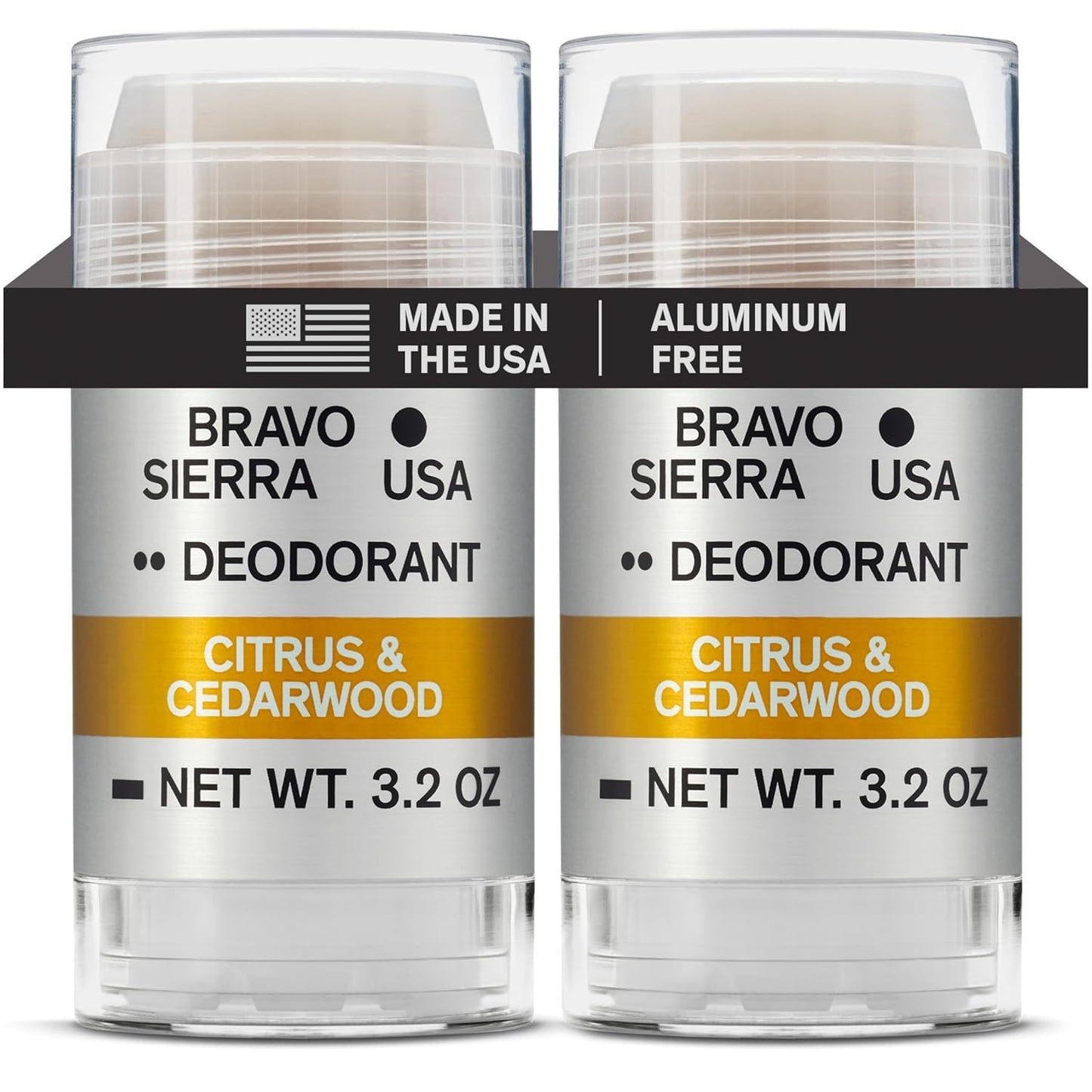 Aluminum-Free Deodorant for Men by Bravo Sierra, 2-Pack - Contains Natural Ingredients – Long Lasting Odor and Sweat Protection - Citrus & Cedarwood, 3.2 oz - Paraben-Free, Vegan & Cruelty-Free