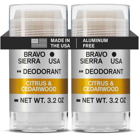 Aluminum-Free Deodorant for Men by Bravo Sierra, 2-Pack - Contains Natural Ingredients – Long Lasting Odor and Sweat Protection - Citrus & Cedarwood, 3.2 oz - Paraben-Free, Vegan & Cruelty-Free