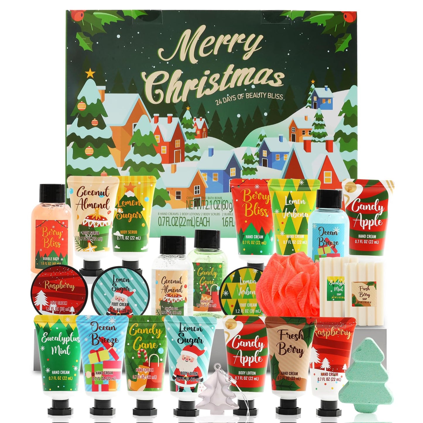 2025 Limited Edition Advent Calendar Christmas Hand Cream Gifts Sets for Women, 24pcs Spa Gift Set, Bubble Bath, Body Scrub, Shower Gel, Body Lotion, Soap, Loofah, Christmas tree bath bomb