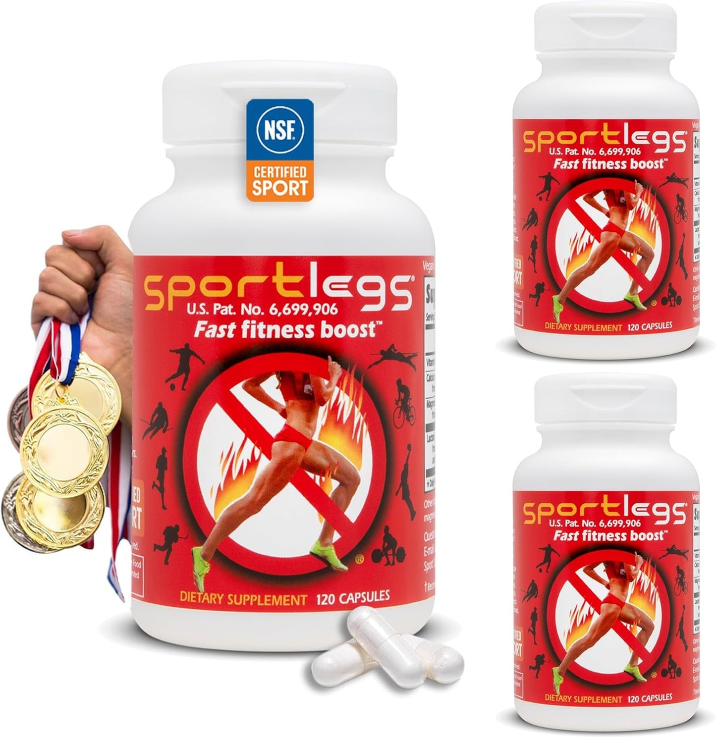 SPORTLEGS Fast Fitness Boost Pre Workout for Men and Women, Lactic Acid Supplement, Sports Endurance Fuel, Endurance Supplements for Runners - NSF Certified for Sport, 120-Capsule Bottle, Pack of 3
