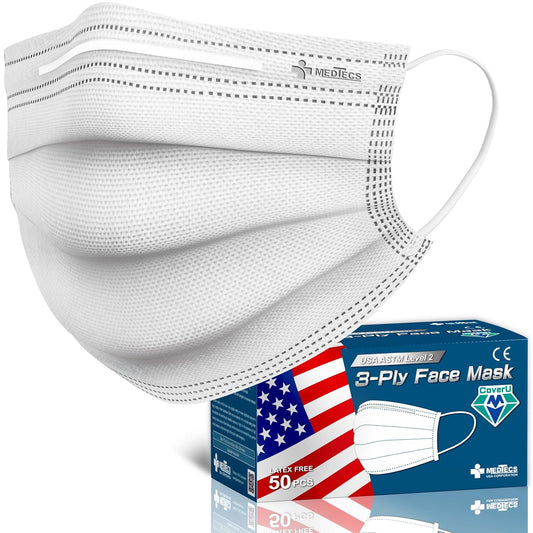Medtecs Face Mask Disposable - 50/2000 PCS - Comfortable 3 Layer Breathable Mask, The Better Protection and Health Choice - CoverU ASTM Level 1 Adult Mask - 50 PCS - White (USA)