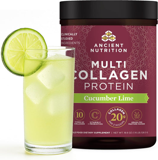 Ancient Nutrition Collagen Powder Protein, Multi Collagen Protein, Cucumber Lime, Hydrolyzed Collagen Peptides Supports Skin and Nails, Joint Supplement, 18.6oz