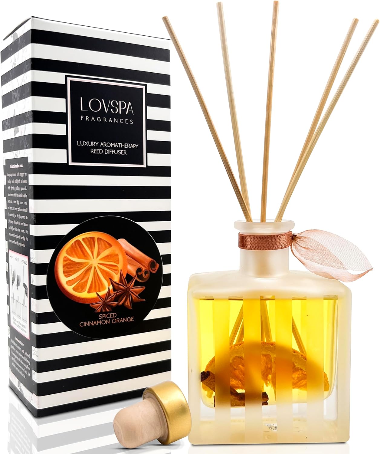 LOVSPA Reed Diffuser Set, Spiced Cinnamon Orange Scented Oil Diffuser with Sticks, Home Fragrance Accessories for Bathroom Shelf Decor, Aroma Diffusers for Home or Office Desk, USA Made