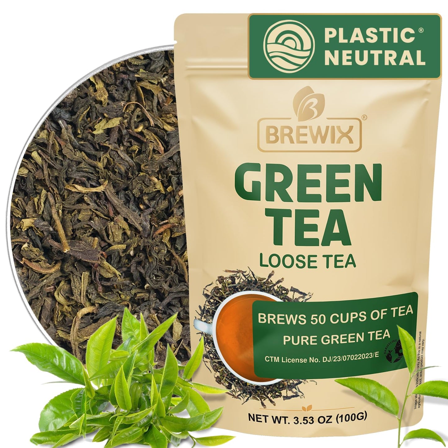 BREWIX, Green Tea Loose Leaf (50+ Cups, 3.53oz/100g) Gluten Free I High Elevation Grown Green Tea Leaves | Pure Single Origin Sourced Direct from India