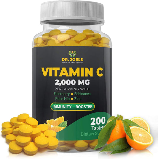 Dr. JOEL'S Immune Support Vitamin C 2000 mg - 200 Tablets - with Zinc, Elderberry, Rose Hip, Echinacea - Boosts Immune System- Made in USA