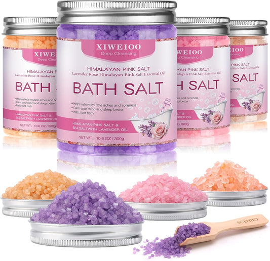 4 Pack Kit Bath Salts for Soaking Himalayan Pink Salt Lavender Orange Rose Pink Scent Epsom Salt Bubble Bath for Women Christmas Gift with Dead Sea Salt Moisturizing Skin
