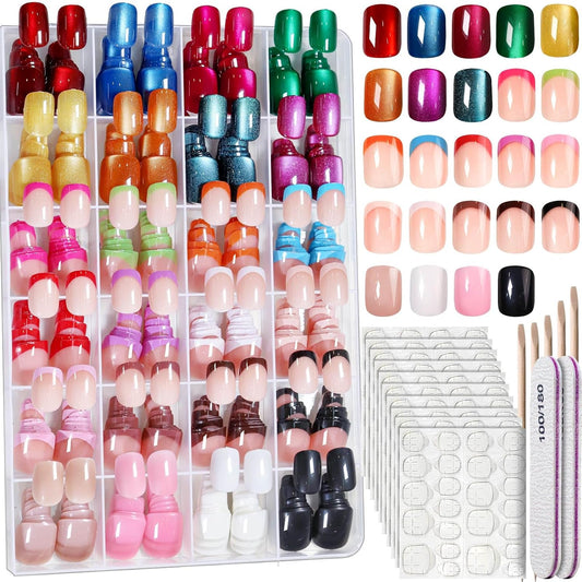 FANDAMEI Press on Nails Short, 24 Colors 576PCS Press on Nails for Women, Cat Eye Nails Short Round. Glossy Nails Press On French Tip, Natural Fit Lightweight for Christmas Nail Art