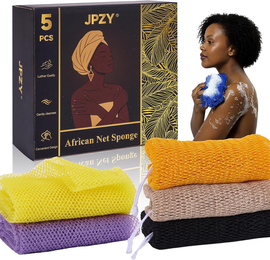 African Sponge Net 5-Piece exfoliating Scrub is Suitable for All Skin Types,Bath Sponge for The face and Body, Durable and Gently Exfoliation