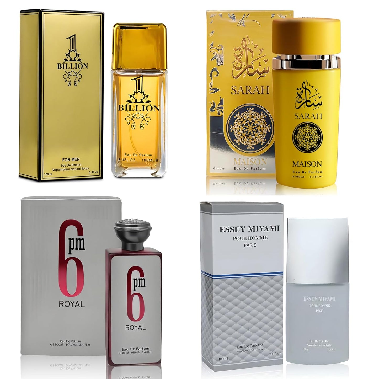 Men Cologne 4-Piece Combo Set (6PM Royal/Sarah Maison/Billion/Essey Miyami) Each 100ml Eau de Toilette/Parfume Spray Premium Men Perfume Set Long Lasting Fragrance for Daily Use