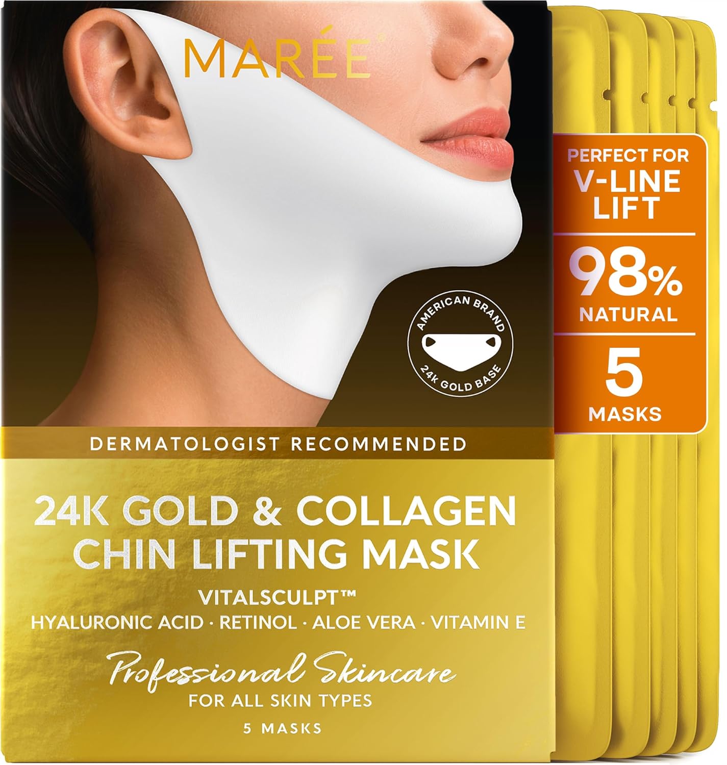 MAREE V Line Lifting Mask with 24K Gold – Deep Collagen Face Mask for Women – Jawline Shaper Mask with Retinol & Hyaluronic Acid – Neck Tightening & Firming - Double Chin Strap for Face Lift