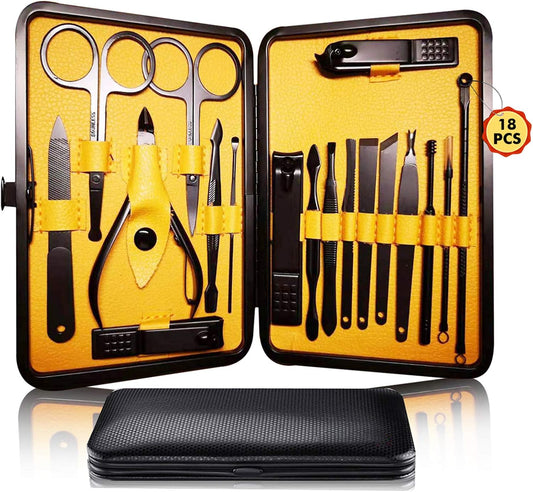 Manicure Pedicure Kit Nail Clippers Set 18 in 1 High Precision Stainless Steel Cutter File Sharp Scissors for Men & Women Fingernails & Toenails Vibrissac Scissors with Stylish Case (Yellow_18in1)