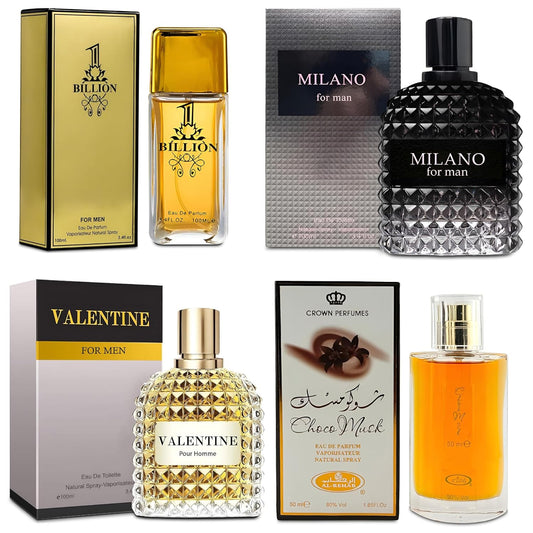 Men Cologne 4-Piece Combo Set (Choco/Milano/Billion/Valentin) Each 100ml Eau de Toilette/Parfume Spray Premium Men Perfume Set Long Lasting Fragrance for Daily Use