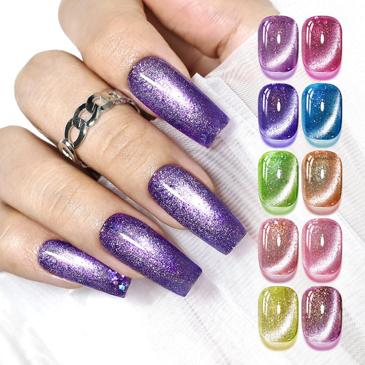 JODSONE Cat Eye Gel Nail Polish Set 10 Colors Glitter Pink Purple Blue Green with Base Coat & Top Coat Sparkle Stunning Nail Art Gifts for Women