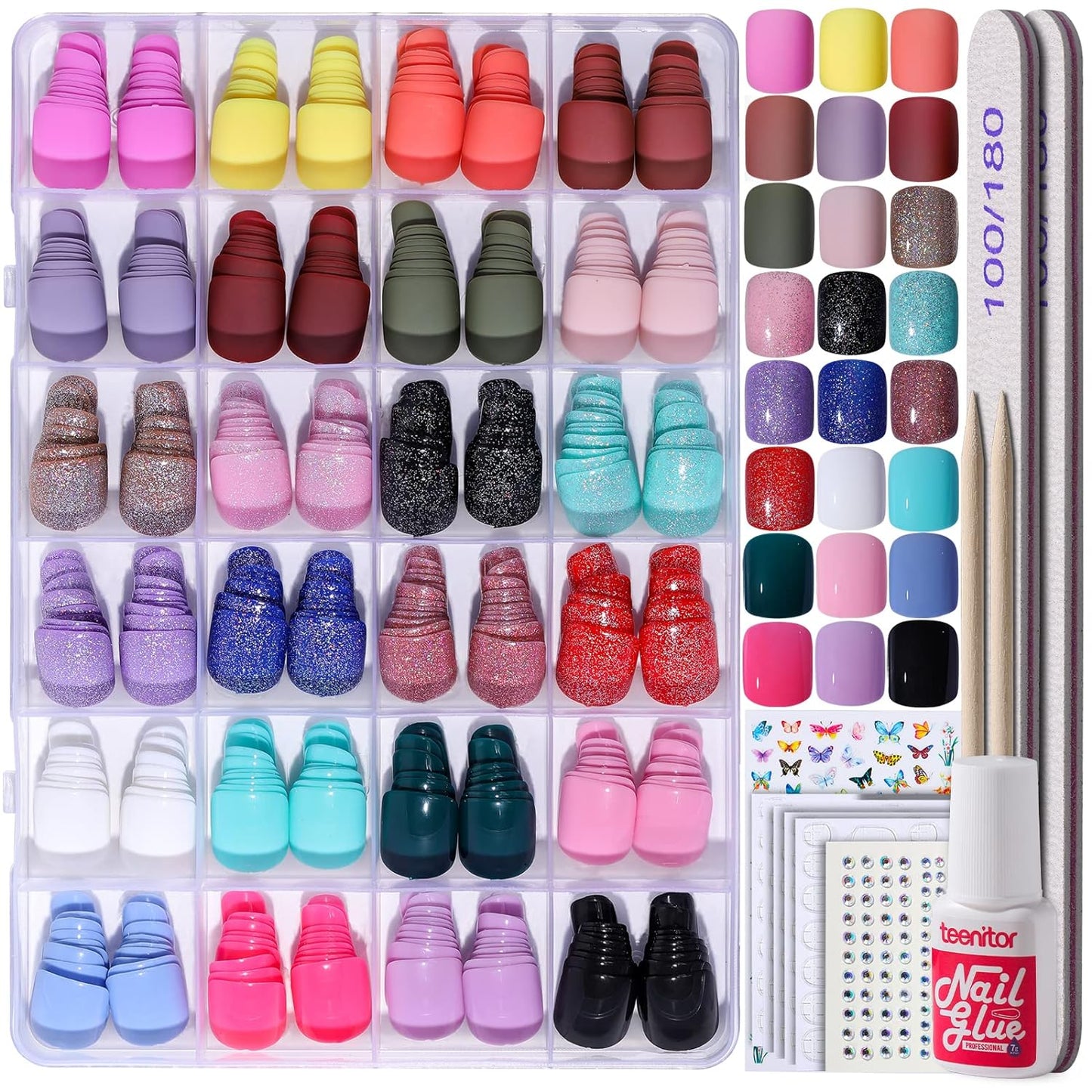 Teenitor Short Press On Nails with Glitter, 12 Sizes Square, Matte & Glossy Finish