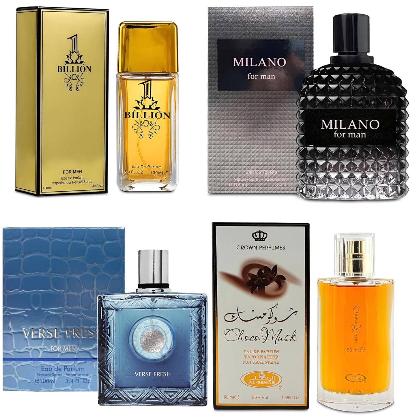 Men Cologne 4-Piece Combo Set (Choco/Milano/Billion/Verse Fresh) Each 100ml Eau de Toilette/Parfume Spray Premium Men Perfume Set Long Lasting Fragrance for Daily Use