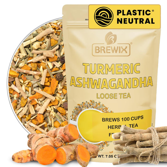 BREWIX, Turmeric Ashwagandha Herbal Tea Loose Leaf (100+ Cups, 7.05oz/200g) Real Ingredients From India, Caffeine Free & Naturally Gluten Free