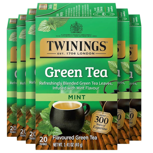 Twinings Green Tea with Mint Individually Wrapped Bags, 20 Count (Pack of 6), Invigorating Aroma, Caffeinated, Enjoy Hot or Iced, 120 Teabags