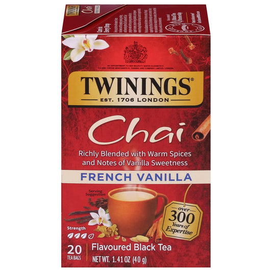Twinings French Vanilla Chai Black Tea Individually Wrapped Bags, 20 Count (Pack of 1), Warm, Sweet & Spicy, Caffeinated, Enjoy Hot or Iced, 20 Teabags