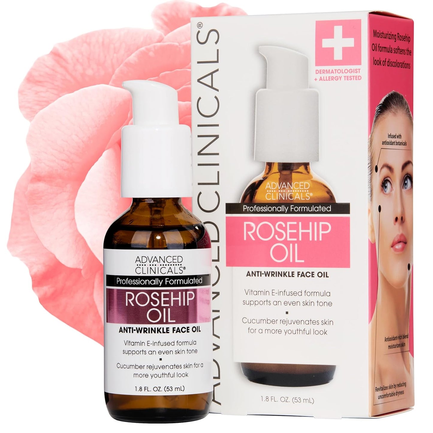 Advanced Clinicals Rosehip Oil For Face With Vitamin E + Botanicals Helps Improve Look Of Dark Spots, Wrinkles, Fine Lines, & Uneven Looking Skin Tone | Moisturizing Skin Care Face Serum, 1.8 Fl Oz