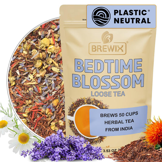 BREWIX, Bedtime Blossom Calming Tea For Sleep (50+ Cups) Herbal All Natural | Supports a Good Night’s Sleep | Night Time, Caffeine Free with Rooibos, Safflower, Chamomile and Lavender | Perfect for Bedtime | Relaxing Natural Nighty Night Sleeping Tea