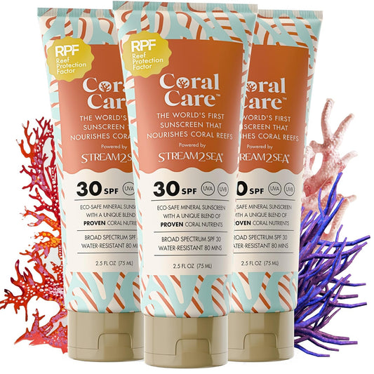 Stream2Sea Coral Care - Reef Safe Sunscreen SPF 30 Travel Size - First Reef-Approved Natural Mineral Sun block Boosts Coral Growth Water resistant- Non-Toxic, Biodegradable, Eco-Friendly - 3 Pack