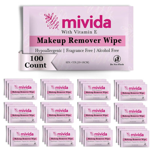 mivida 100 Count Individually Wrapped Makeup Remover Wipes with Vitamin E | Fragrance-Free, Alcohol-Free makeup wipes | Hypoallergenic single make up removing wipes