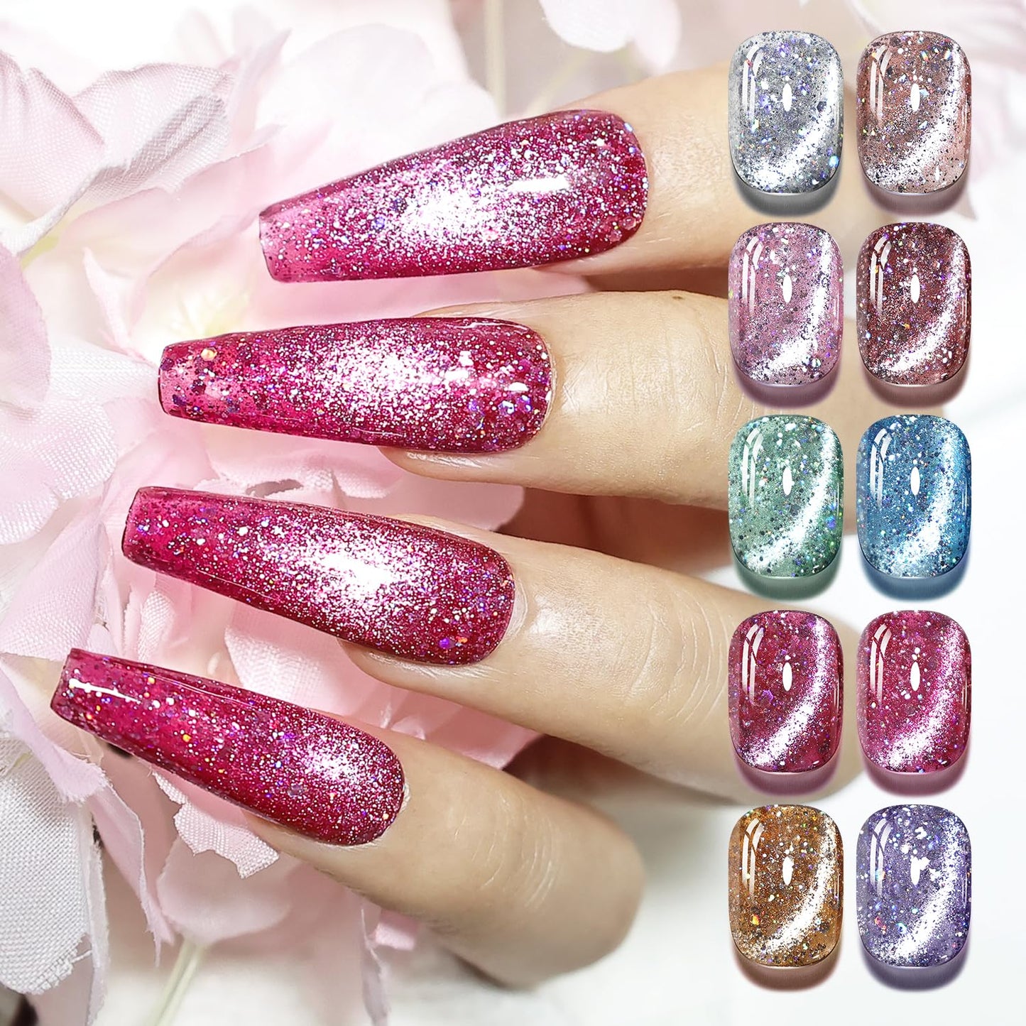 JODSONE 10 Colors Holographic Glitter Cat Eye Gel Nail Polish Set Silver Blue Purple with Base Coat &Top Coat & Magnet Stick Sparkling Stunning Fashion Women Gifts