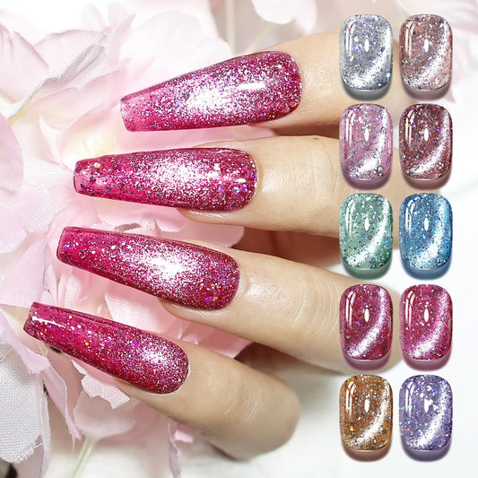 JODSONE 10 Colors Holographic Glitter Cat Eye Gel Nail Polish Set Silver Blue Purple with Base Coat &Top Coat & Magnet Stick Sparkling Stunning Fashion Women Gifts